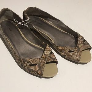 Faux snakeskin peep toe flats